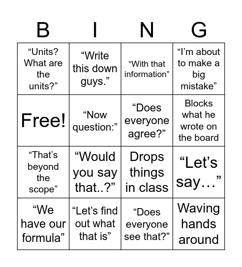 Professor Lorscher Bingo Card