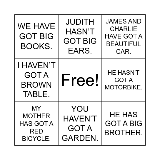 HAVE/HAS GOT Bingo Card