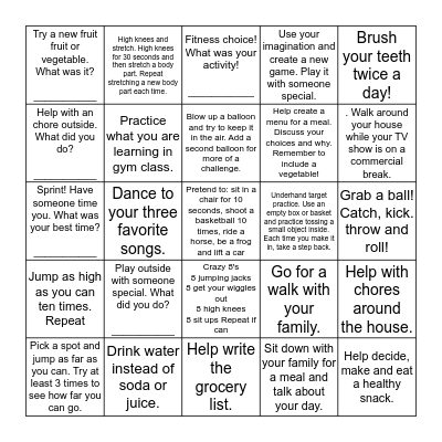 Run Wild!  Health and Fitness Bingo Sheet ____  Bingo Card
