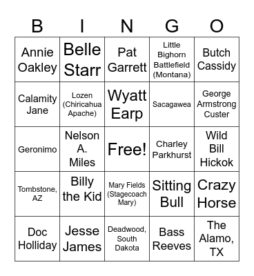 Wild West Bingo Card