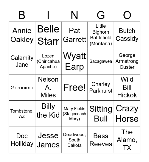 Wild West Bingo Card