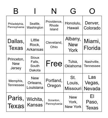 Cities in the United States Bingo Card