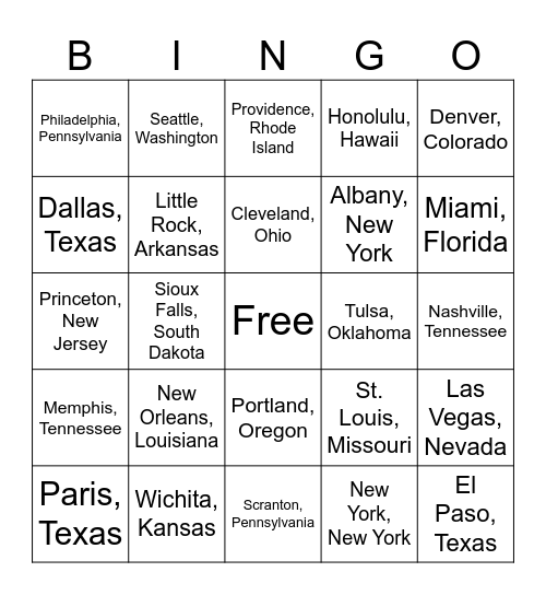 Cities in the United States Bingo Card