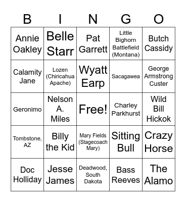 Wild West Bigno Bingo Card