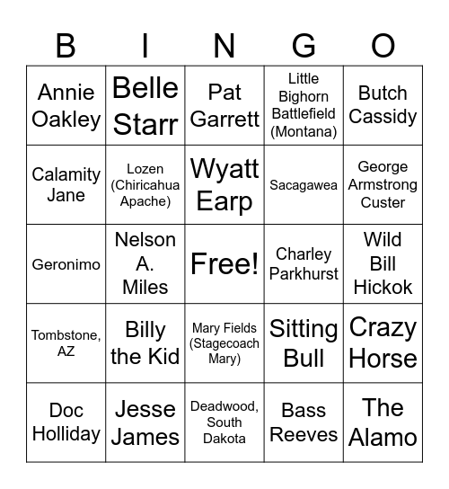 Wild West Bigno Bingo Card