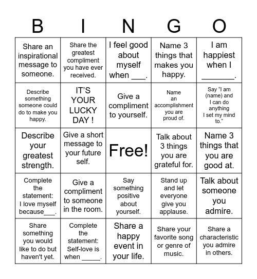 Self Love Bingo Card