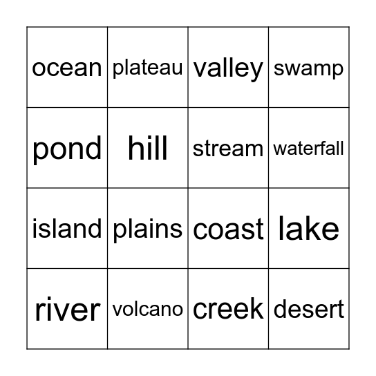Landforms & Bodies of Water Bingo Card