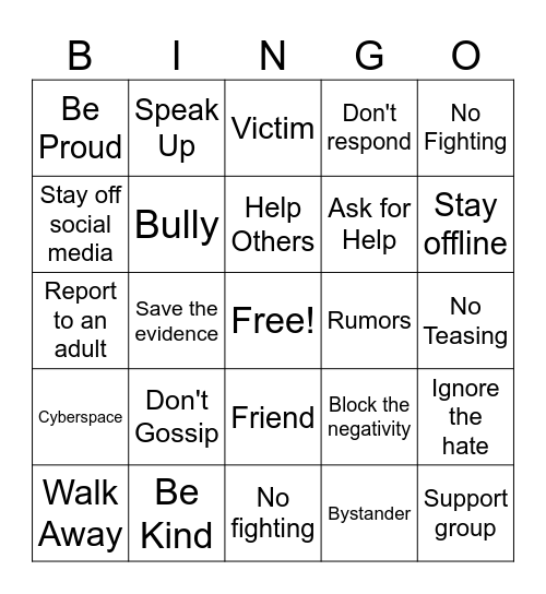 Cyberbullying Bingo Card