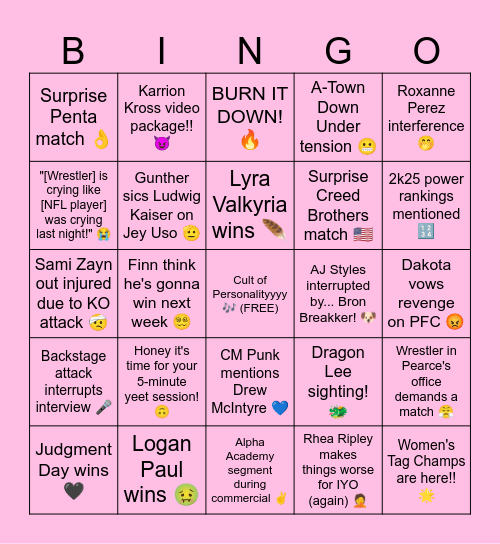 Monday Night RAW 2/10/25 Bingo Card