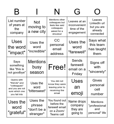 What does the farewell email say? Bingo Card