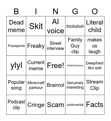 YT Shorts Bingo Card