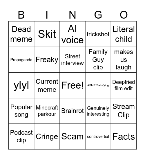 YT Shorts Bingo Card