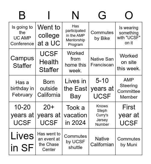 AMP Winter Social BINGO Card