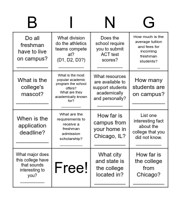 College Admissions Bingo Card
