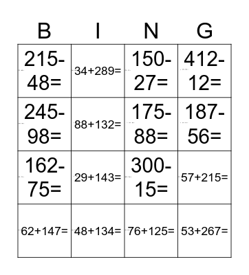 Addition and Subtraction using column method Bingo Card