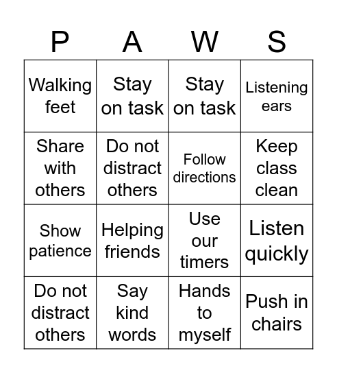 PAWS Bingo Card