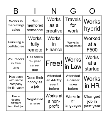 A4Oxy Career Connect Bingo Card