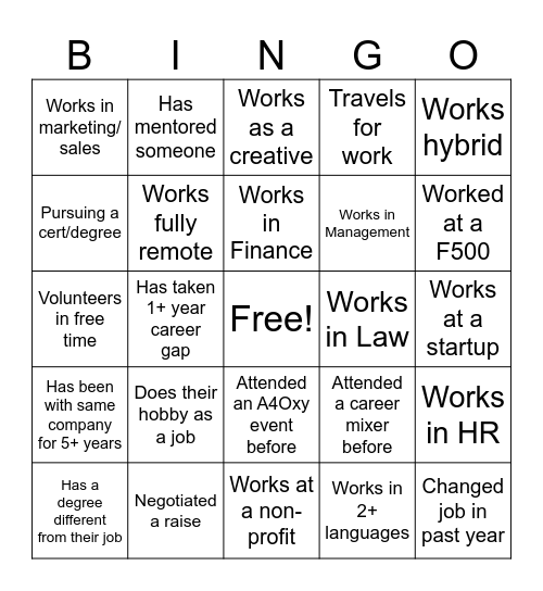 A4Oxy Career Connect Bingo Card