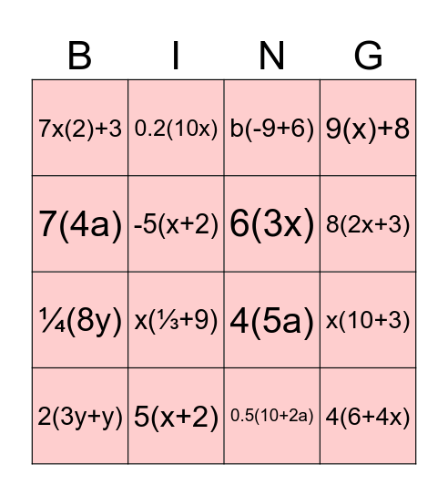 Equivalent Expressions Bingo Card