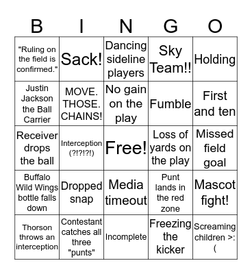 Northwestern Football Bingo Card