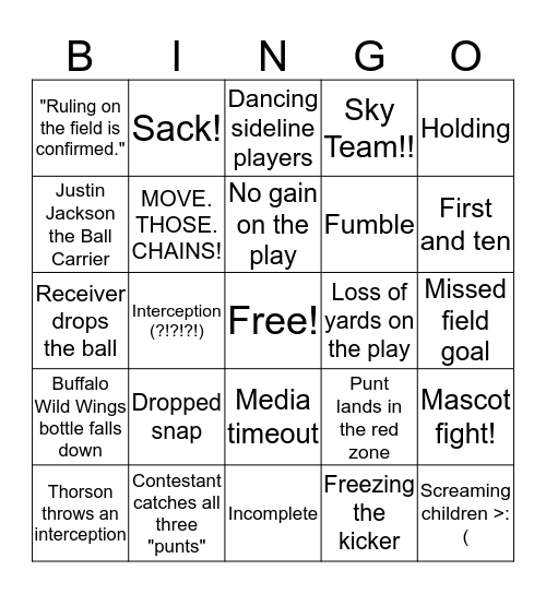 Northwestern Football Bingo Card