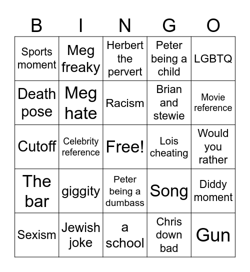 Family guy Bingo Card