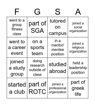 campus involvement bingo Card