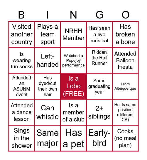RHA Bingo Card