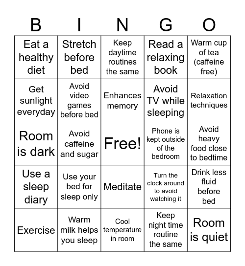Sleep Bingo Card