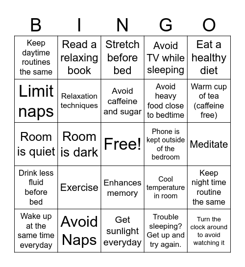 Sleep Bingo Card