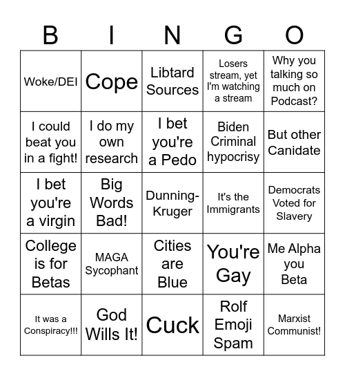 Trumptard Bingo Card