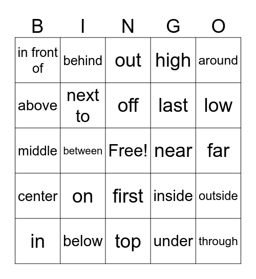 Prepositions Bingo Card