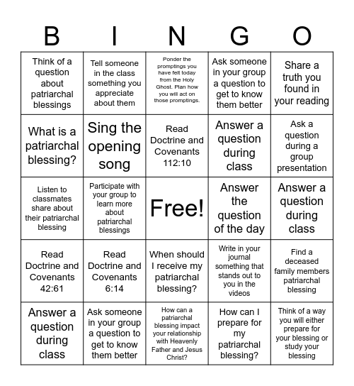 Patriarchal Blessing Bingo Card