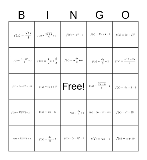 Inverse Functions Bingo Card