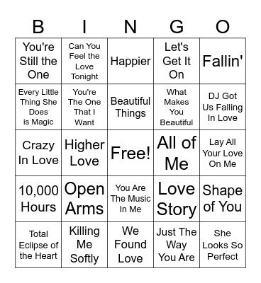 Love Songs Bingo Card