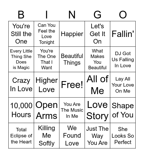 Love Songs Bingo Card