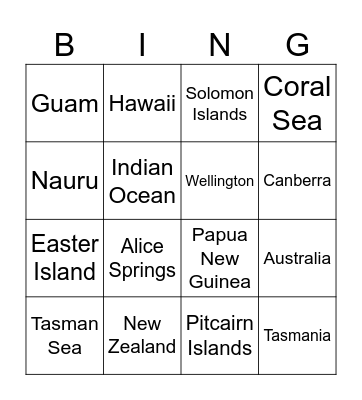 Australia/Oceania Bingo Card