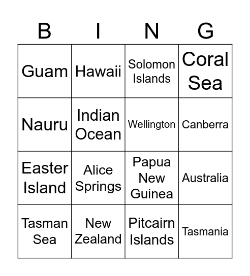 Australia/Oceania Bingo Card