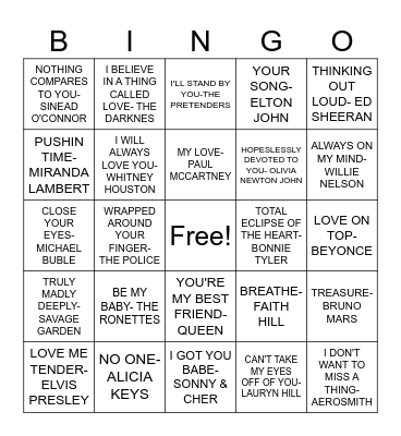 LOVE SONGS Bingo Card