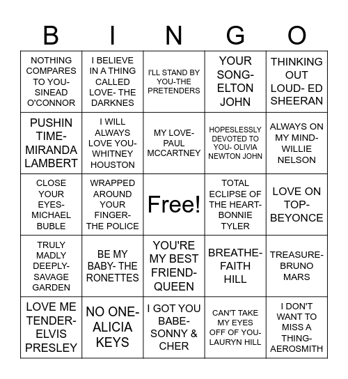 LOVE SONGS Bingo Card