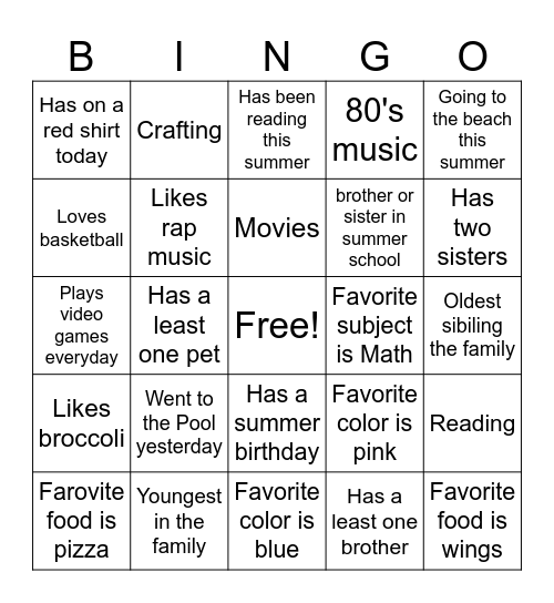 All About Me Bingo Card