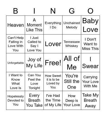 Love Songs Bingo Card