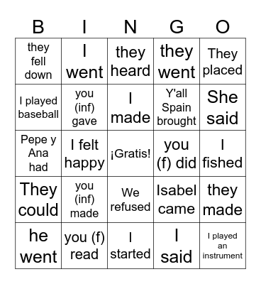 JUICE VERBS- el pretérito irregular Bingo Card