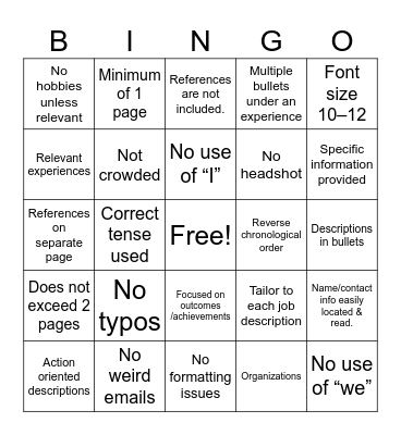 Resume Bingo Card