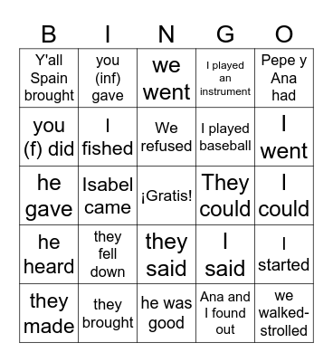JUICE VERBS- el pretérito irregular Bingo Card