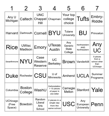 College Mail Bingo Card