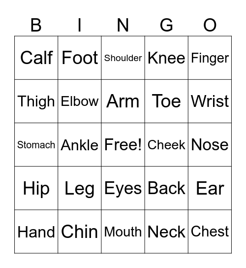 Body Part Bingo Card