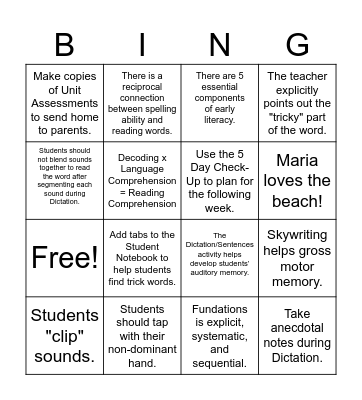 Fundations Overview Bingo Card
