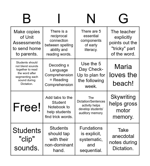 Fundations Overview Bingo Card