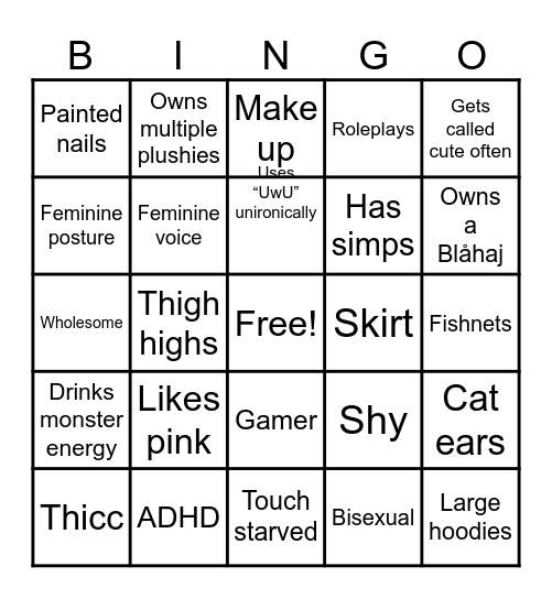 Femboy bingo Card